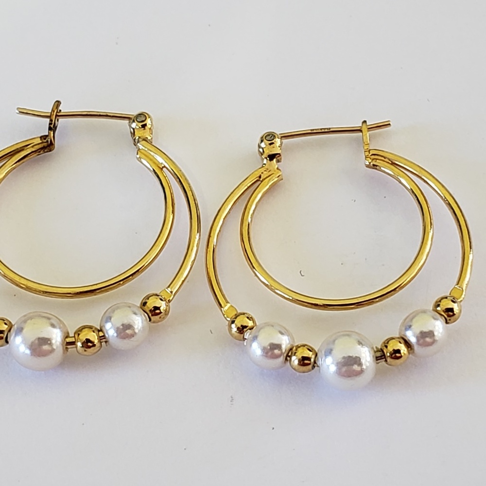 Napier Yellow Gold tone Hoop Earrings Pearl Balls